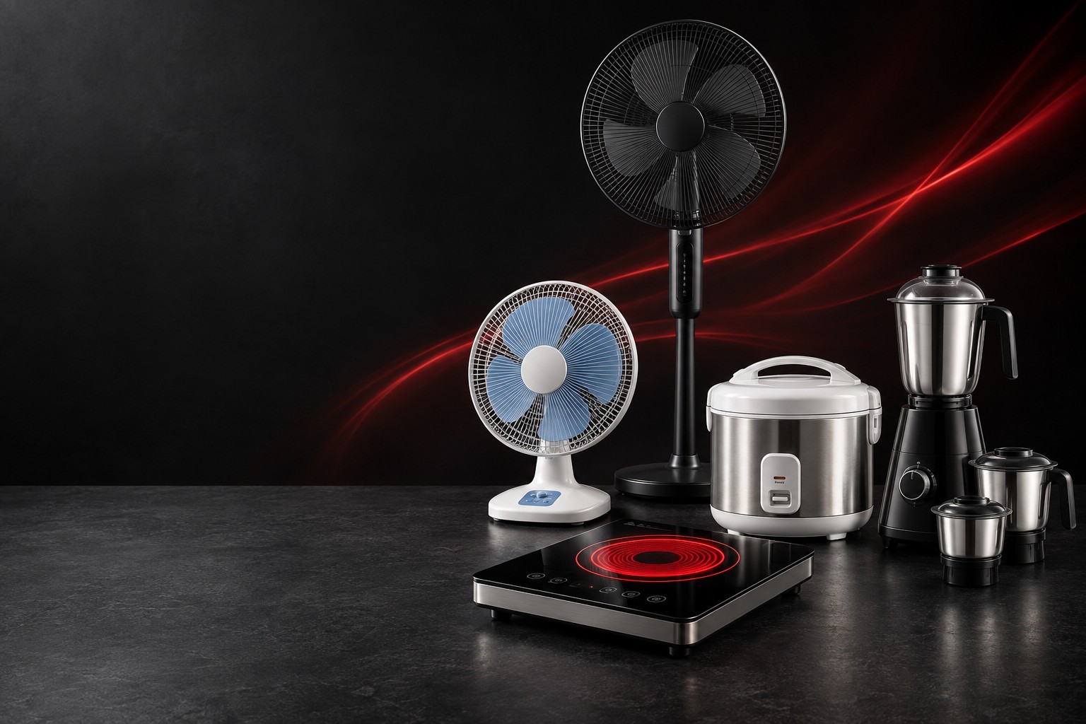 Illustrative collection of rechargeable fans, an infrared cooker, a rice cooker and a mixer grinder